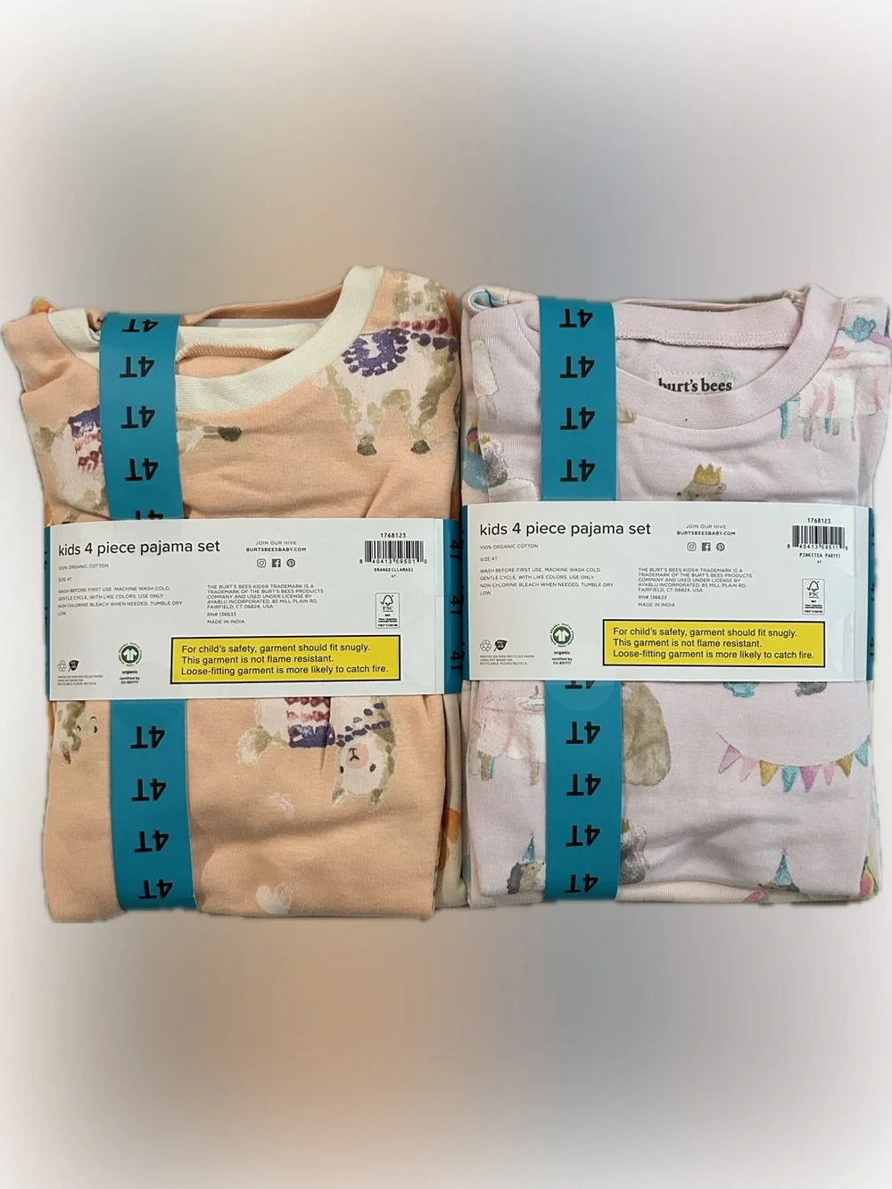 2 Burt's Bees Kids 4-Piece Pajama Sets - Light Pink, Peach, Sky Blue Organic 4T - Picture 2 of 6